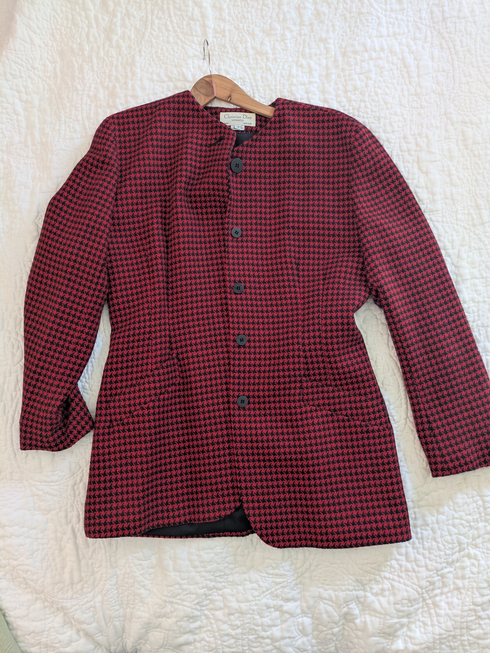 Vintage Dior Red & Black 100% Wool Houndstooth Collarless Blazer Jacket